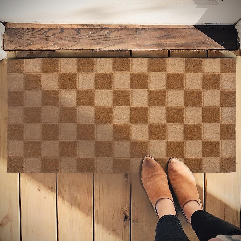 Creative Co-Op Engraved Coir Checkerboard Print And Pvc Back, Natural Doormat, 32
